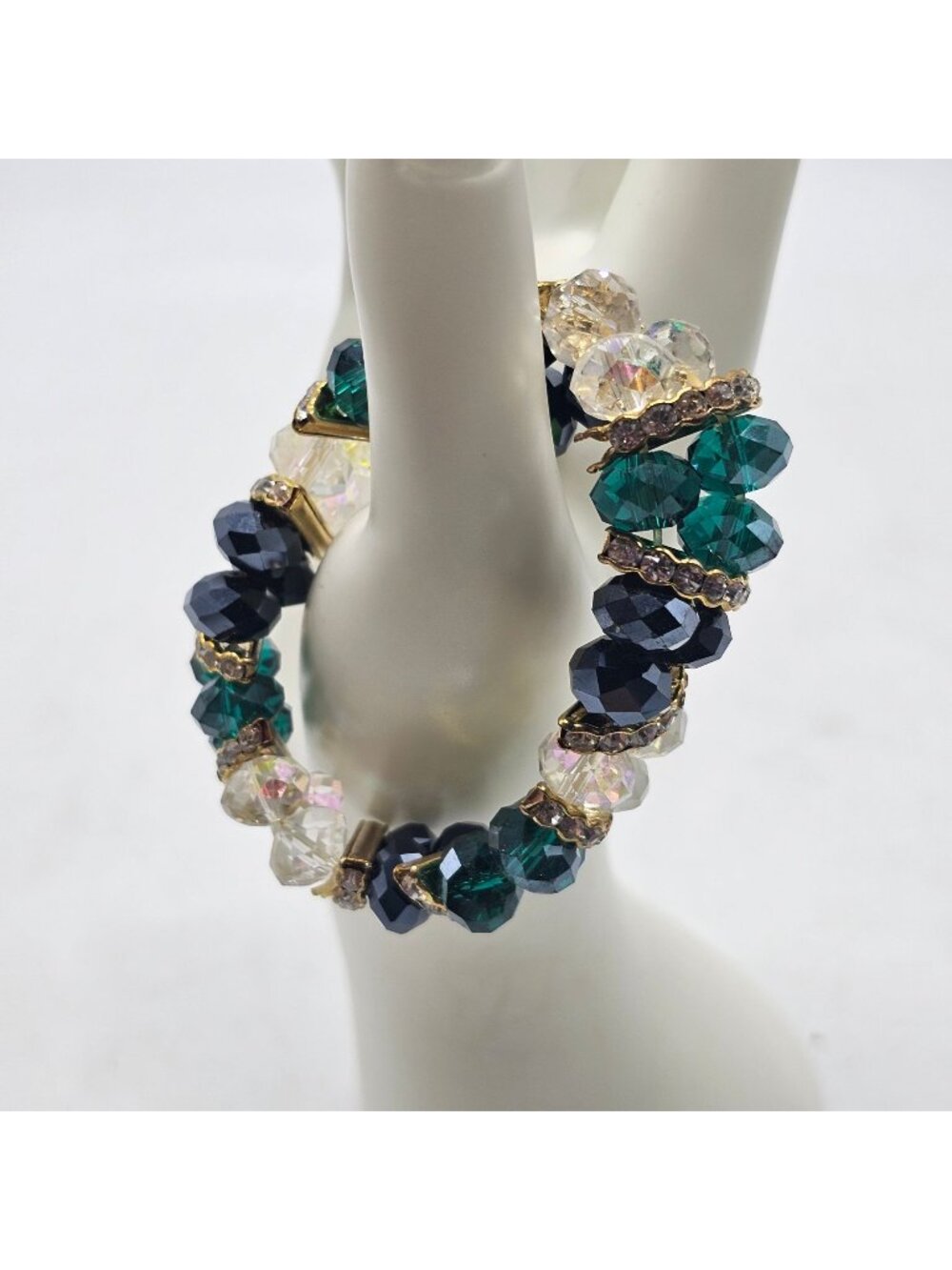 Green Black Clear Faceted Beads Gold Accents Rhinestone Stretch Bracelet